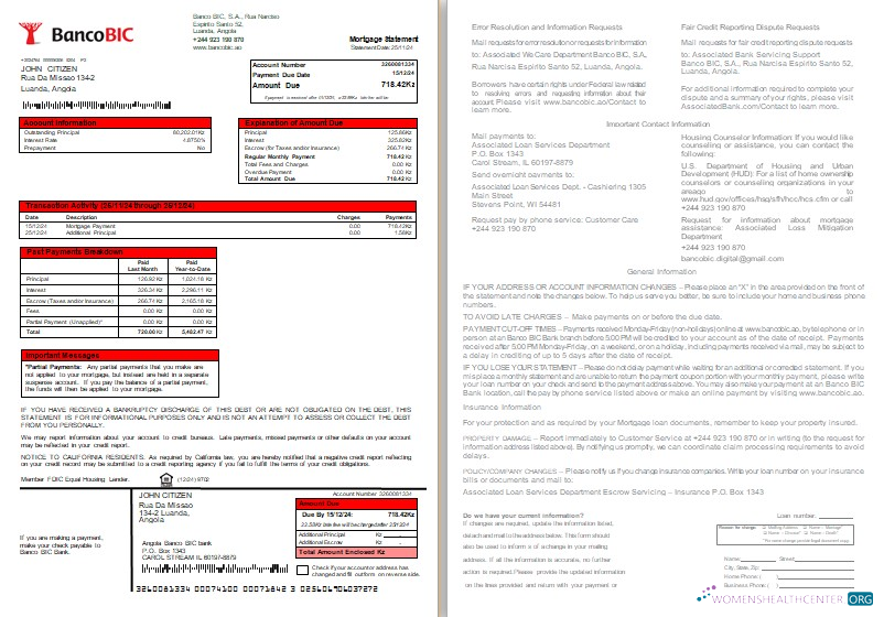 Download Angola Banco BIC bank mortgage statement, 2 pages, 1 2 scr Photoshop template